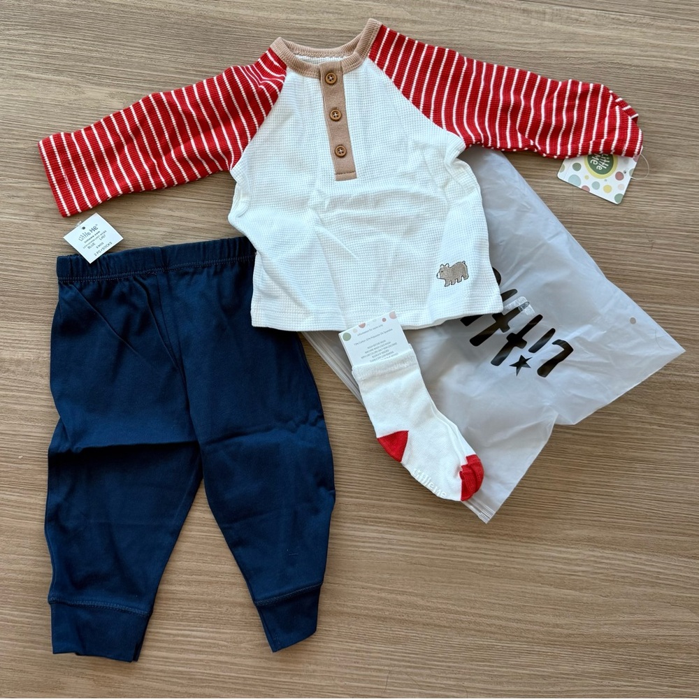Little Me Cream Henley with Red Striped Sleeves and Navy Pants